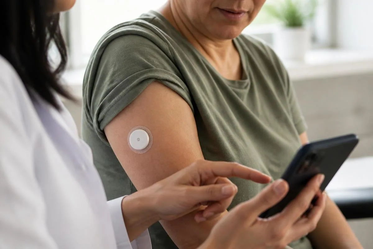 Clinician and patient reviewing a continuous glucose monitor together