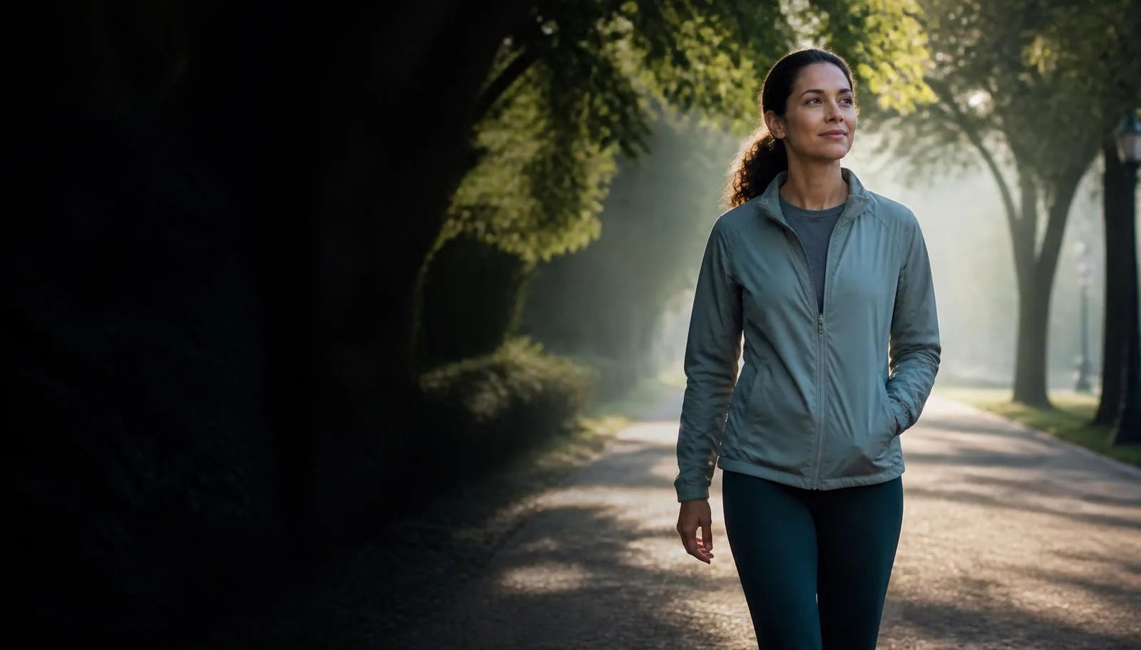Person walking outdoors in soft morning light