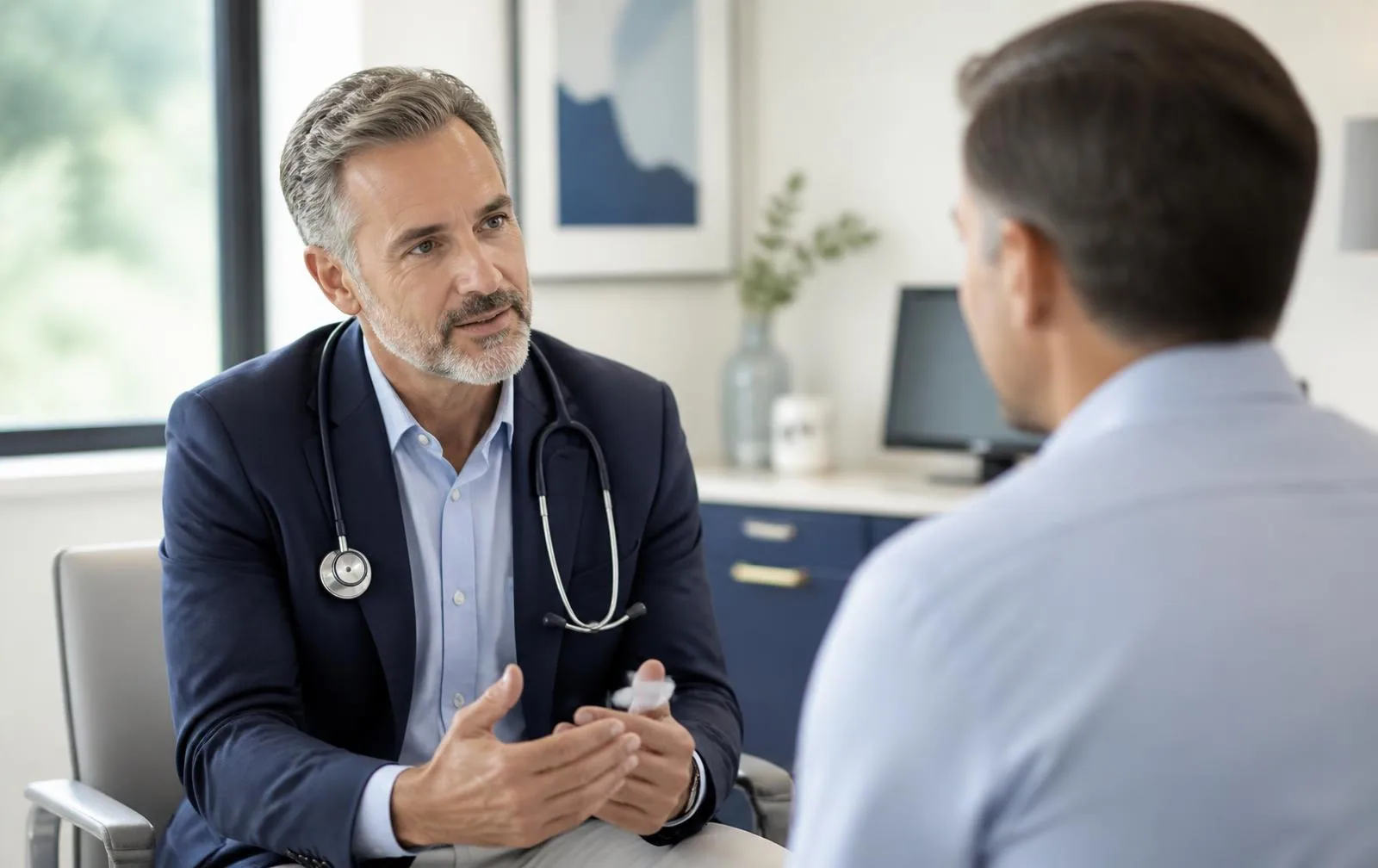 Endocrinologist speaking attentively with an adult patient in a bright consultation room