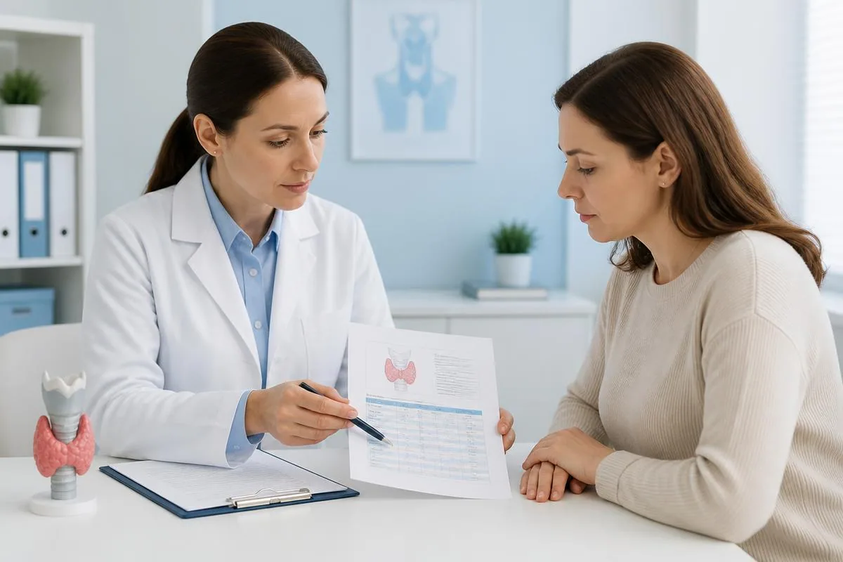 Physician explaining thyroid laboratory findings to a patient